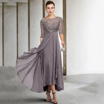 Klassieke Aangepaste Kant Moeder van de Bruid Jurken Hoog Laag O Hals Moeder Jurken 3/4 Mouwen Bruiloft Jurken Geappliceerd 2024