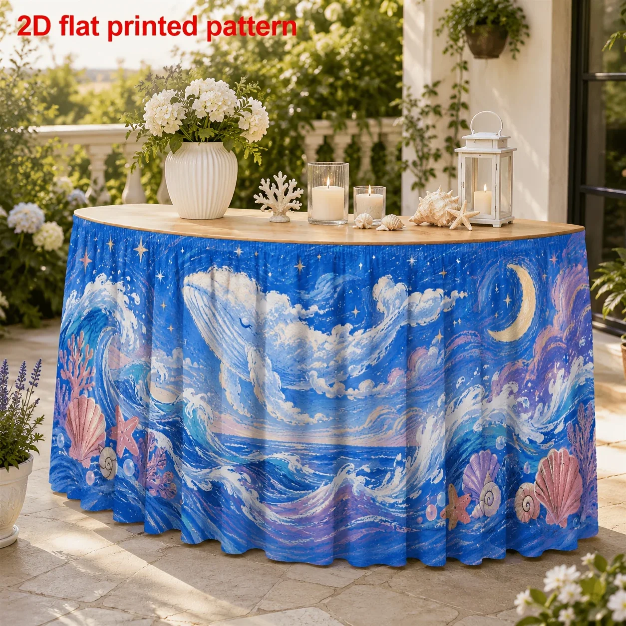 One tablecloth, featuring a dreamy ocean whale print, with waves, stars, moon, shells, etc.