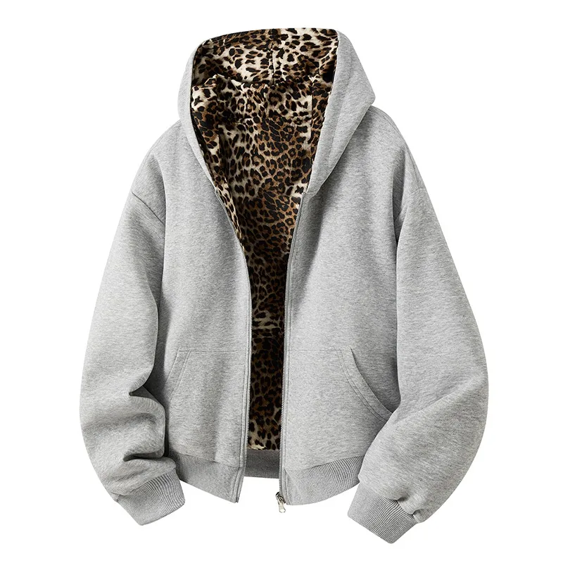 Zipper Print Leopard Print Reversible Sweatshirt Cardigan Men's Patchwork Hooded Coat High Street Handsome Loose Top