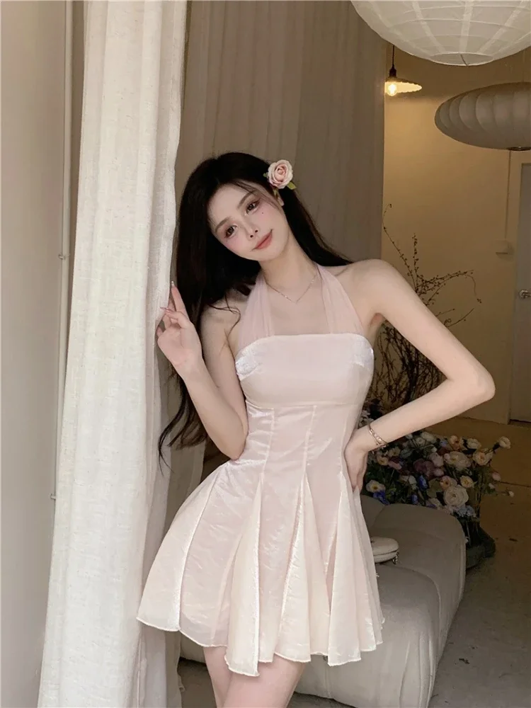 Ezgaga seksowne sukienki damskie bez rฤkawรณw Halter bandaลผ Backless w stylu francuskim lato nowy jednolity, patchworkowy damski elegancki strรณj
