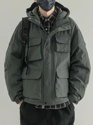 Retro Hooded Cargo Padded Jacket Men Winter Loose Multi-pocket Thicken Harajuku Casual Storm Outdoor Driving Riding Cotton Coat