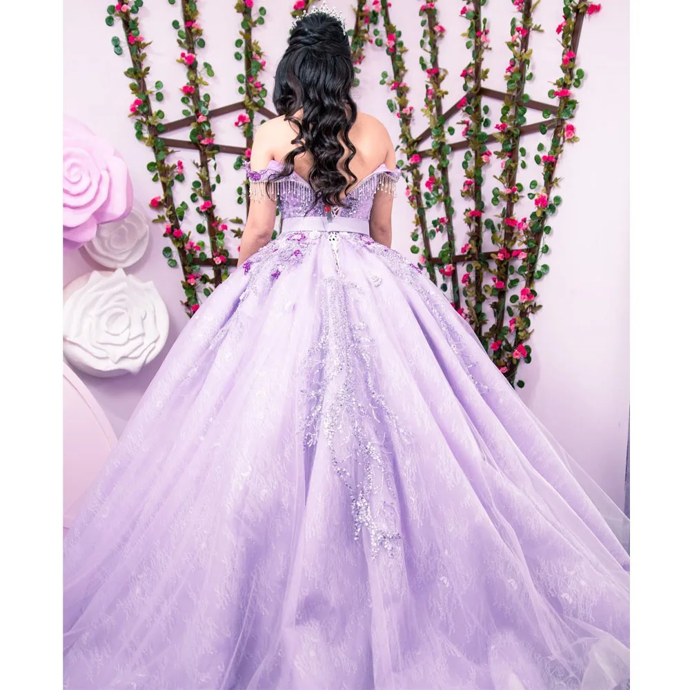 Vestido De encaje púrpura para quinceañera, traje De baile con hombros descubiertos para fiesta De cumpleaños, con cordones, 15 Años, 2023