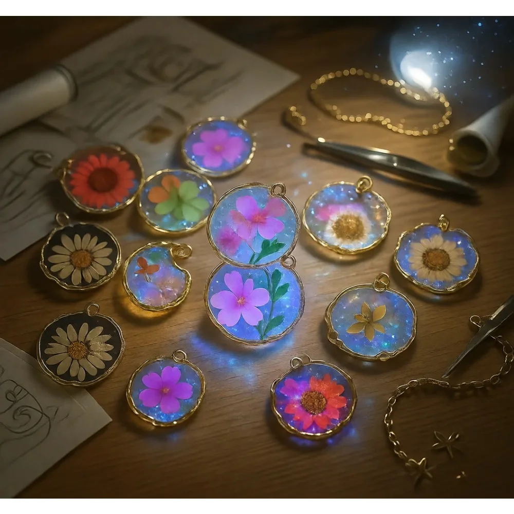 

Прозрачные смоляные подвески-цветы с золотым ободком, плоские, для ожерелий, закладок, брелоков, украшений и рукоделия