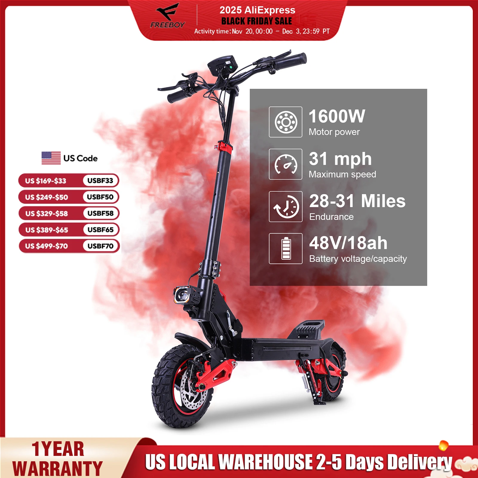 

FREEBOY 1600W Powerful Electric Scooter for Adults, 10" Off-Road Tires, 50KM Range, 45km/h, Foldable Commute E-Scooter