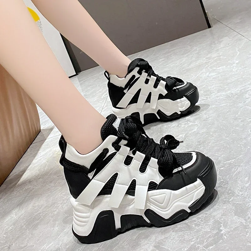 Women Platform Sneakers Spring Autumn Breathable Wedges Casual Shoes 10CM High Heels Thick Sole Sneakers Woman Deportivas Mujer