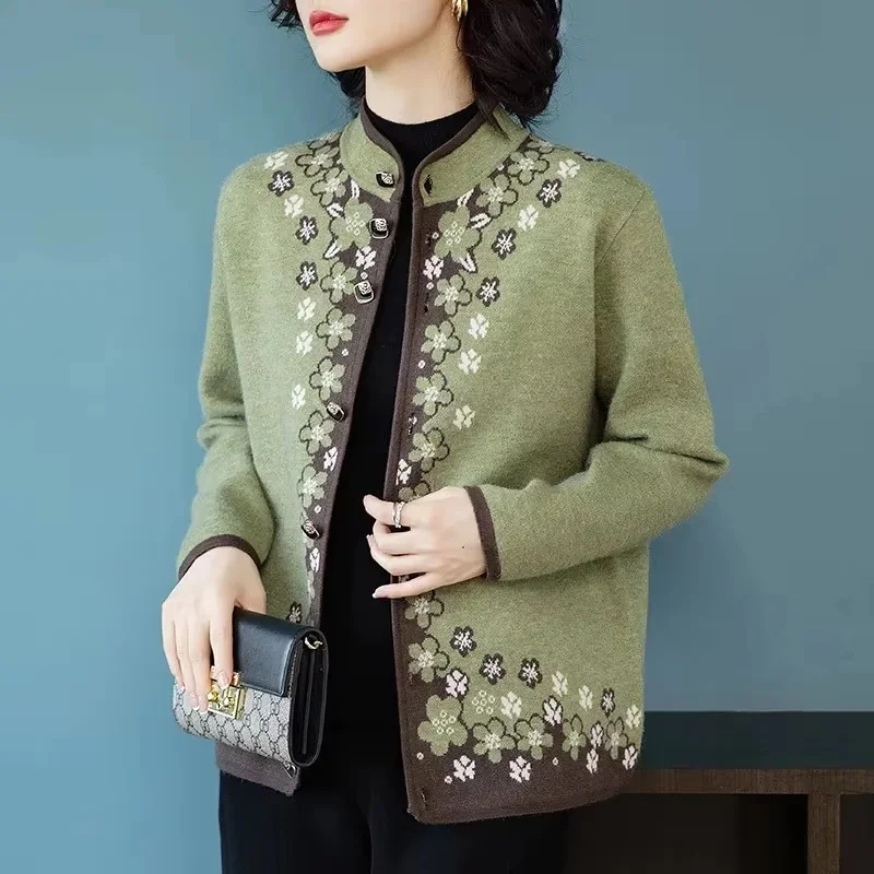 Autumn Winter Green Knitted Cardigan Sweater Coat New Temperament Noble Women Elegant Jacquard Sweater Jacket Knit Ladies Tops