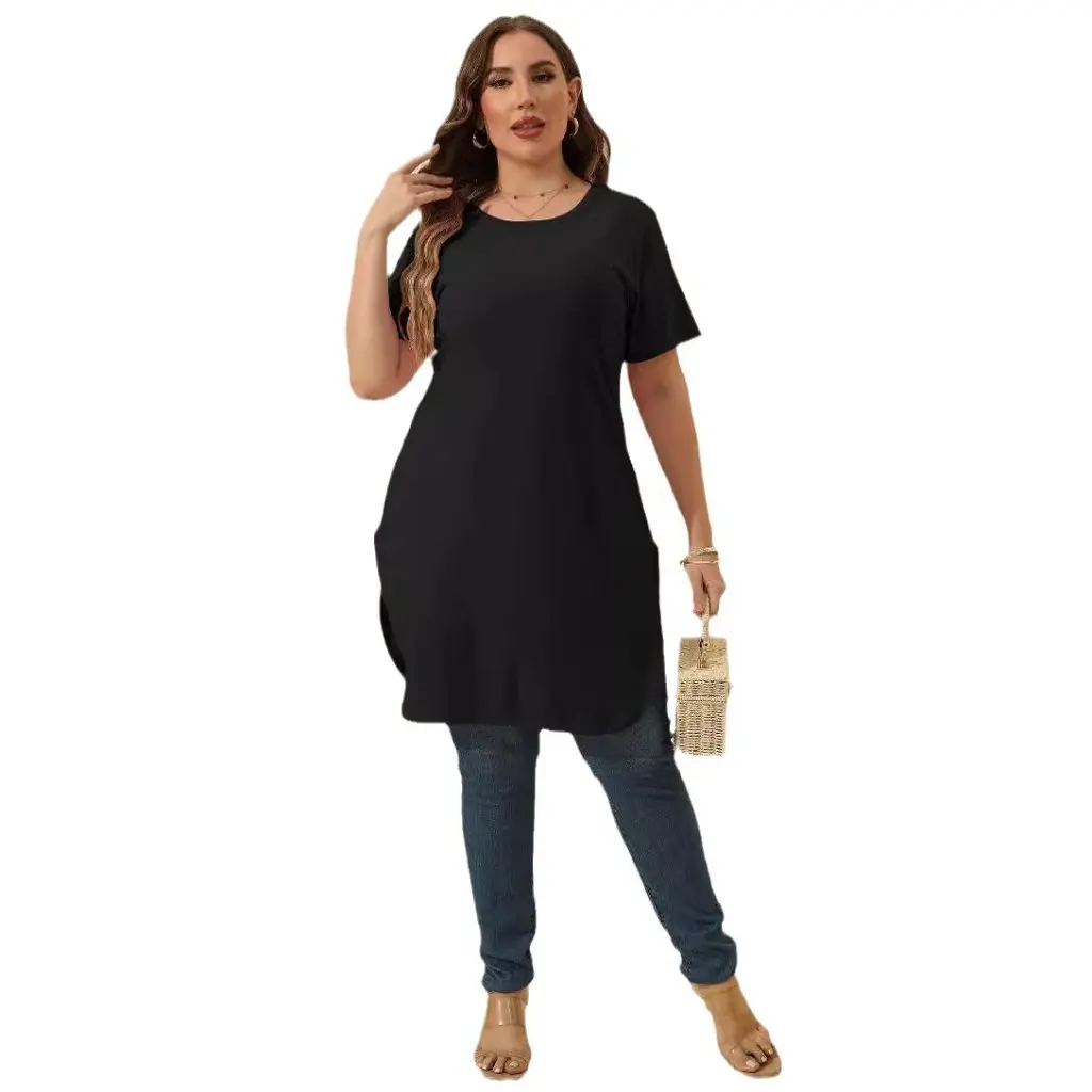 

Женская футболка большого размера с круглым вырезом, однотонное простое платье с разрезом средней длины и короткими рукавами, платье в европейском и американском стиле