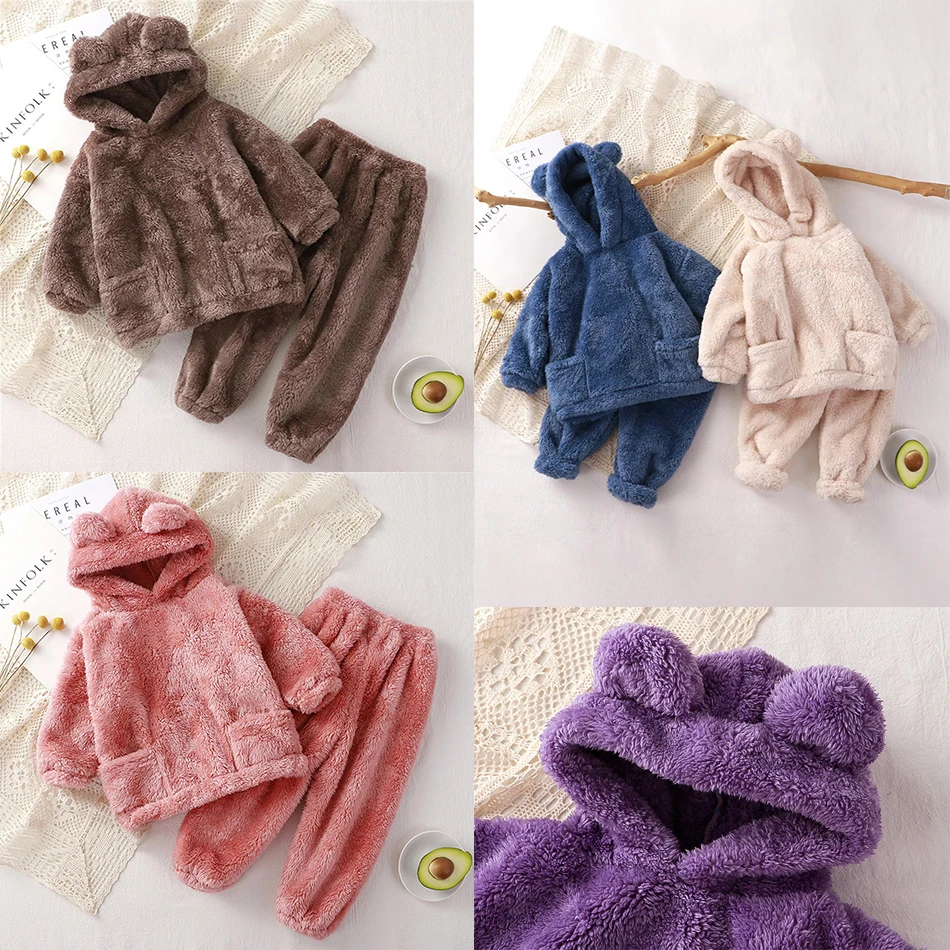 

Autumn Winter Toddler Solid Cute Hooded Pajamas Set Baby Girls Boys Little Bear Warm Sleepwear Home Wear Casual Comfort Clothes