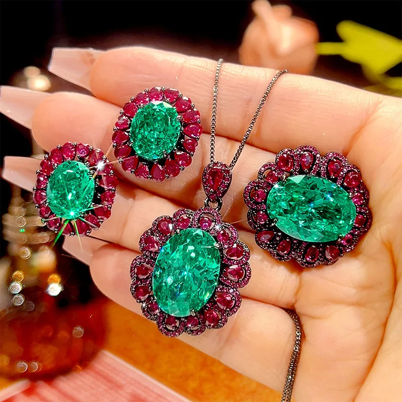 Joyería Vintage, Nuevo Conjunto de Joyería de Lujo con Base de Cobre y Esmeraldas Sintéticas, Chapado en Oro, Regalo para el Día de la Madre
