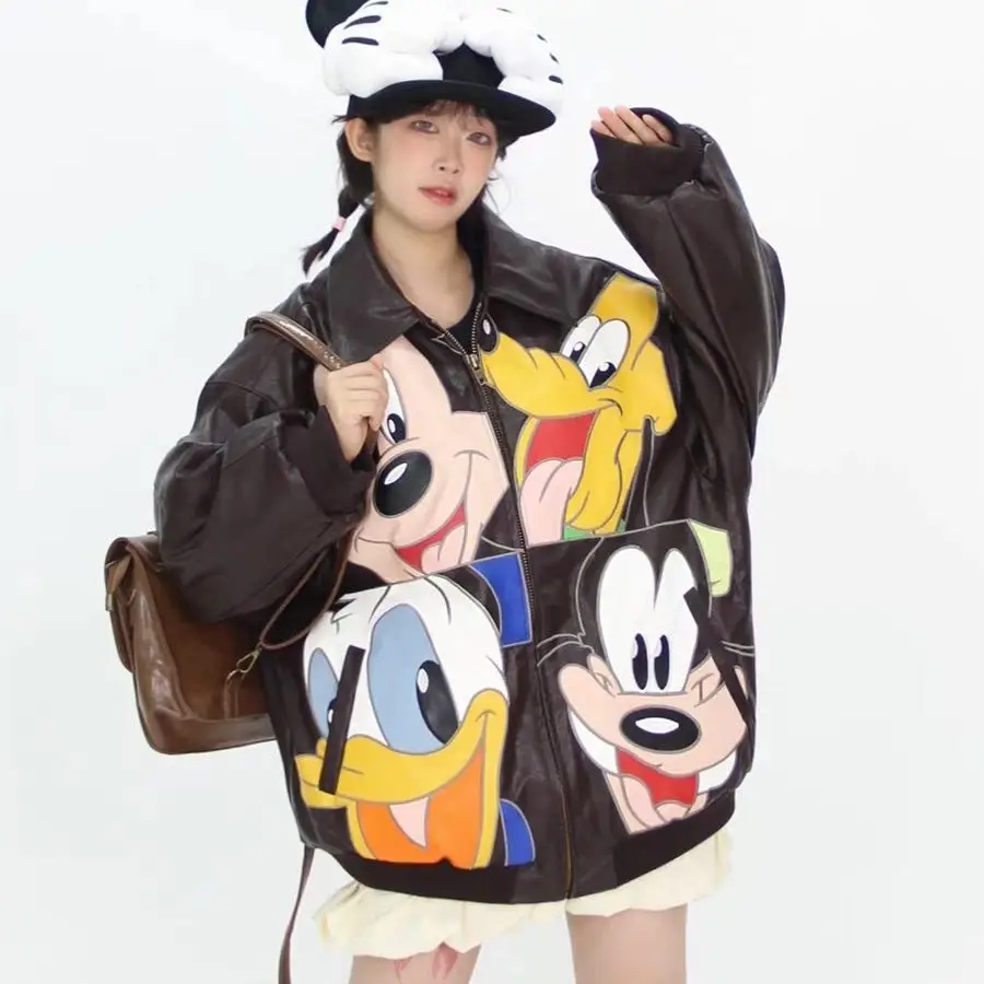 Disney Mickey Autumn Winter New Jacket Four Grid Cartoon Embroidery Loose Leather Jacket Men Women Trendy Versatile Zipper Coat