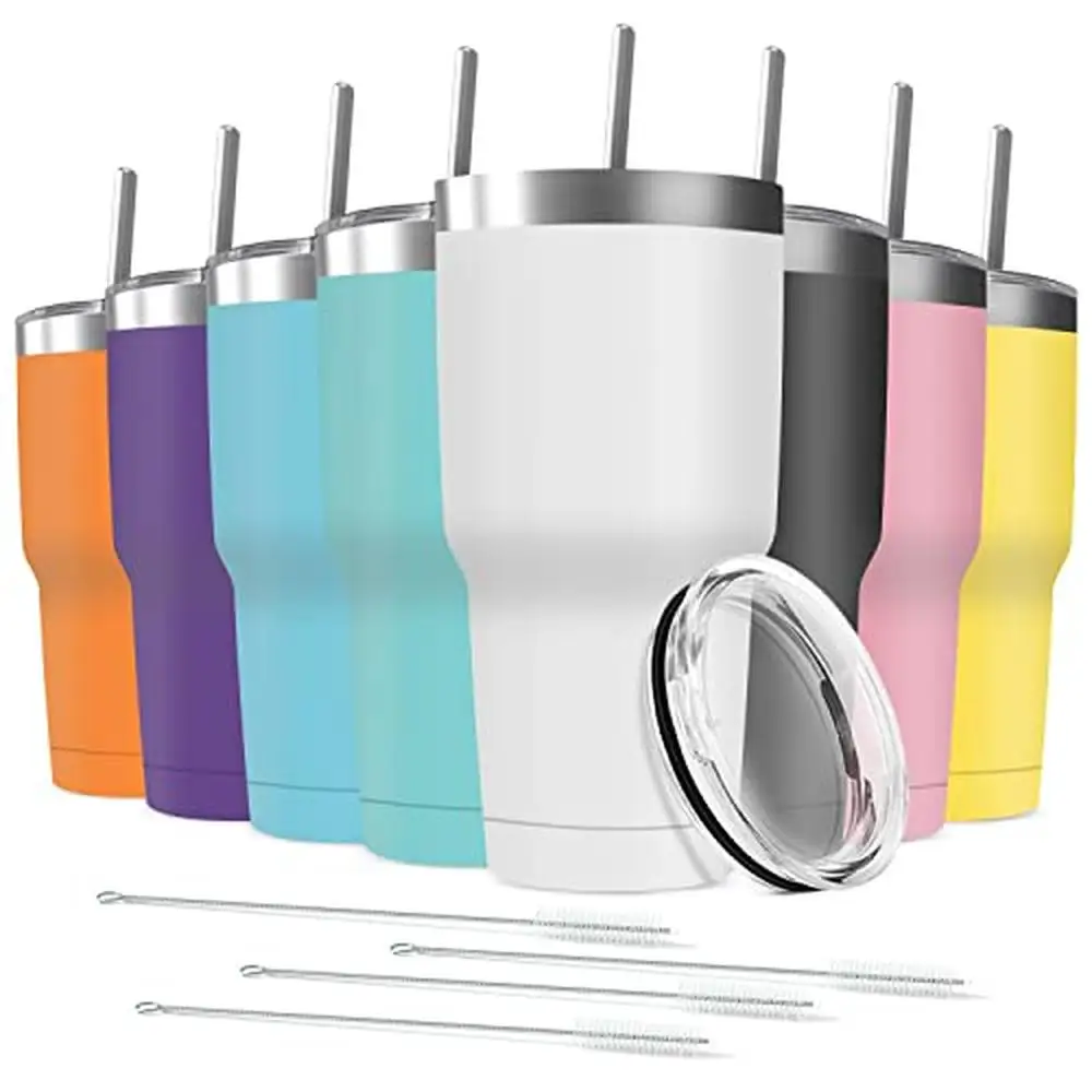 30oz Stainless Steel Insulated Tumbler Set with Lid Straws and Cleaning Brush 8 Pack Bulk Double Wall Vacuum Travel Mug Powder