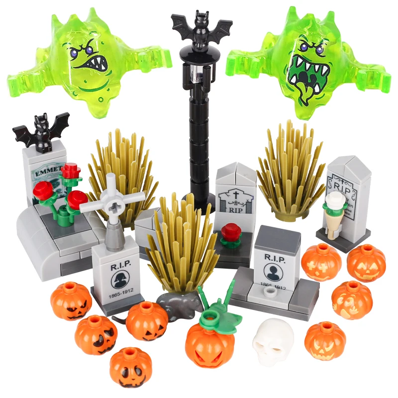 Moc Kürbis Wagen Bausteine Halloween Geist Kopf bedeckung Schädel Zubehör Grabstein Schlange Spinne Fledermaus Ziegel Spielzeug Kinder Geschenk – Detail 2