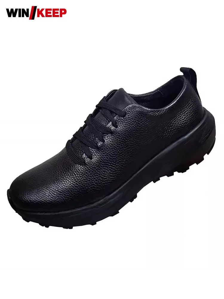 

Outdoor Mens Cowhide Genuine Leather Hiking Shoes Lace Up Low Cut Thick Platform Sports Trainers Sneakers Autumn Camping Shoes