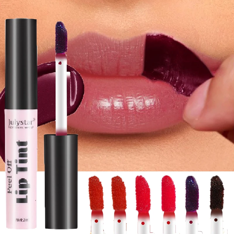 Julystar 6Color Peel Off Flüssiger Lippenstift, wasserdicht, langlebig, matt, lila Lipgloss, spendet Feuchtigkeit, abreißbarer Lippenfleck, kosmetisches Make-up