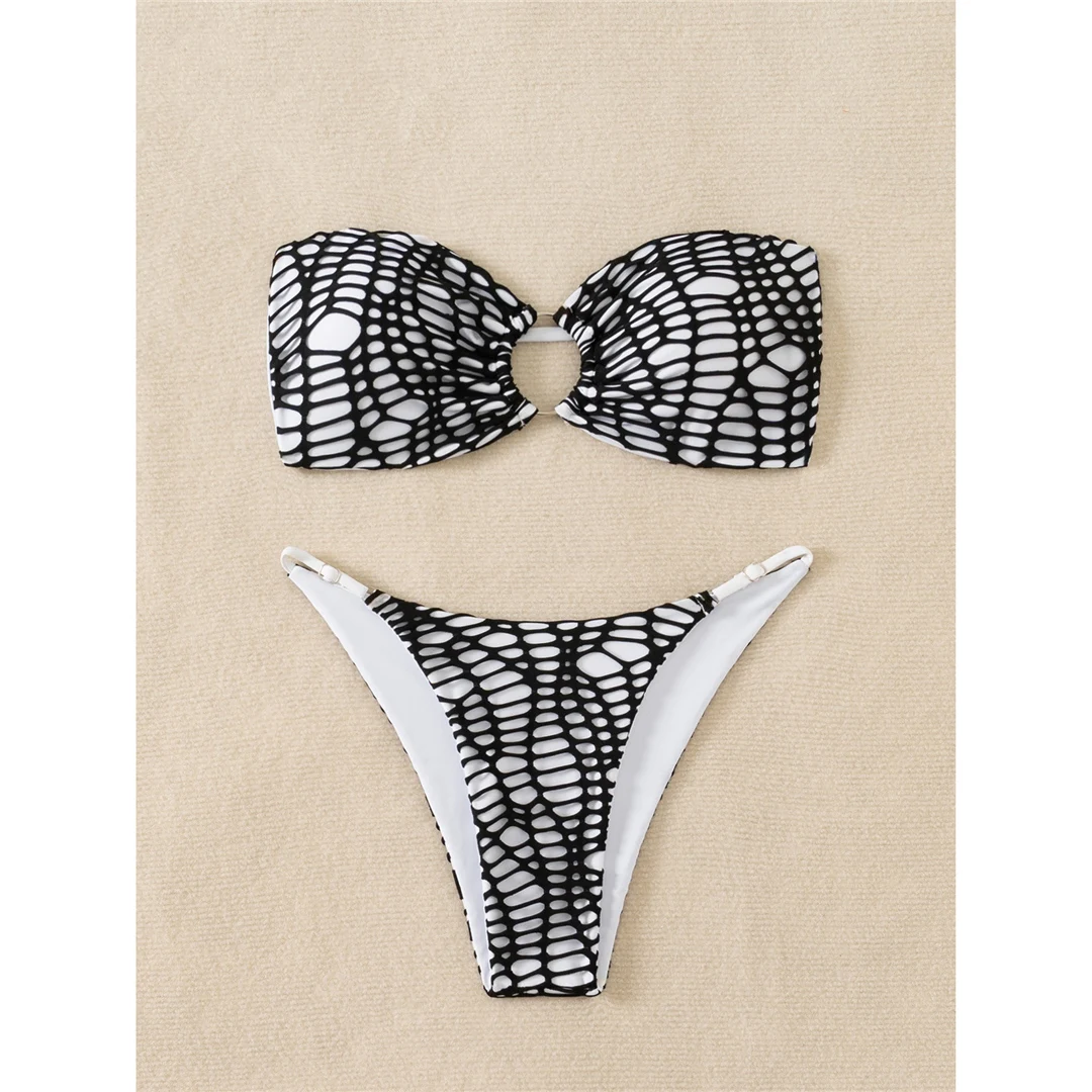 Bandeau-Bikini mit Ausschnitten und hohem Beinausschnitt, Damen-Badeanzug, zweiteiliges Bikini-Set, gepolsterter Badeanzug, Badebekleidung, Modell V6417. – Detail 9