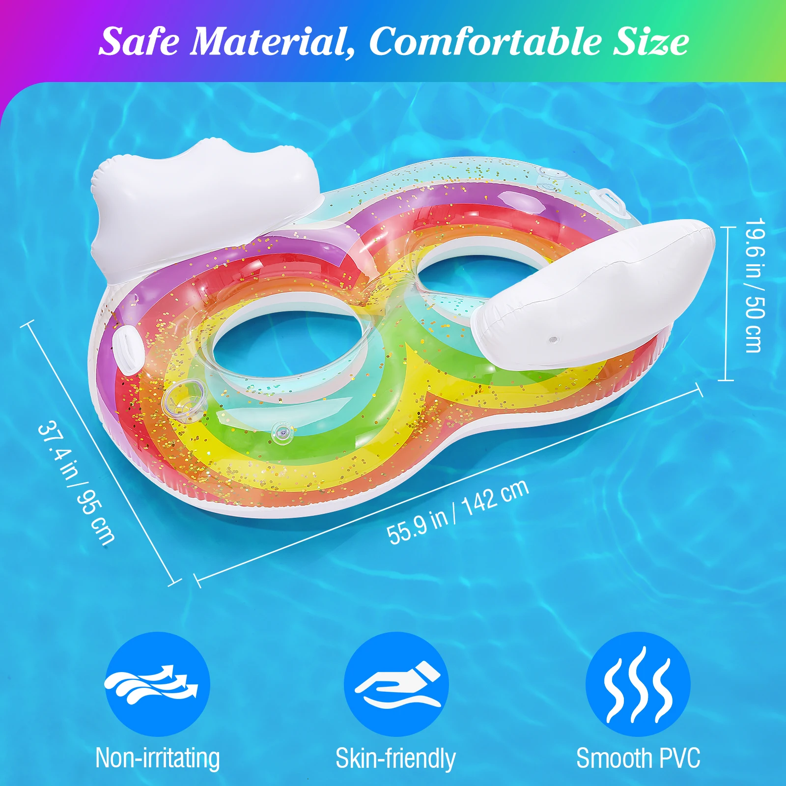 Pool Floats Adult 2 Seat Inflatable Chairs Rainbow Pool Floaties with Clouds Backrests Inflatable Pool Toys with Cup Holders view 5