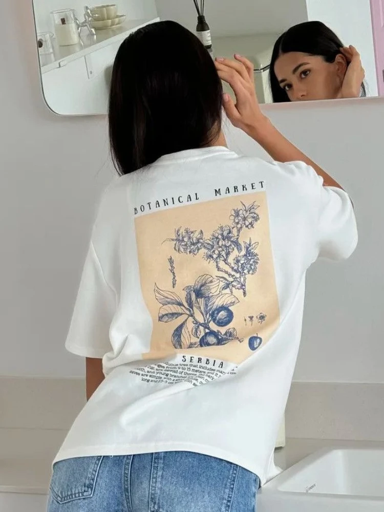 Pure Cotton Oversized T-Shirt Botanical Market Serbia Fruit Print Graphic Tee French Trendy Casual Short Sleeve Top Streetwear