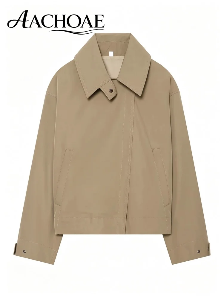 AACHOAE Women's Short Trench Jacket Turn Down Collar Zip Up Casual Windbreaker Coat Minimalist Oversized Spring Autumn Jacket