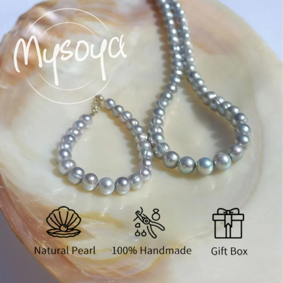 

MYSOYA Natural Gray Freshwater Pearl Necklace Bracelet Set 7-8mm With Gift Box Perfect For Birthday Wedding Jewelry