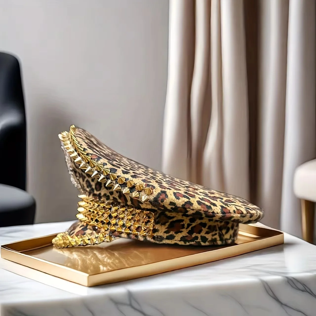 HongLuan Yellow Laser Leather Loop Captain Hat Rhinestone & Military Caps for Woman, Rave Festivals Accessories ＆ Party Cap Man