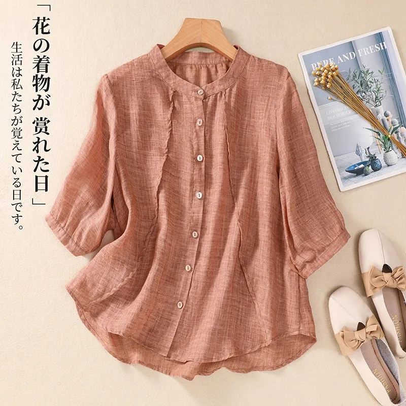 Women Casual Cotton Shirt New 2024 Summer Vintage Style Stand Collar Solid Color Loose Female Half Sleeve Tops Shirts B3724