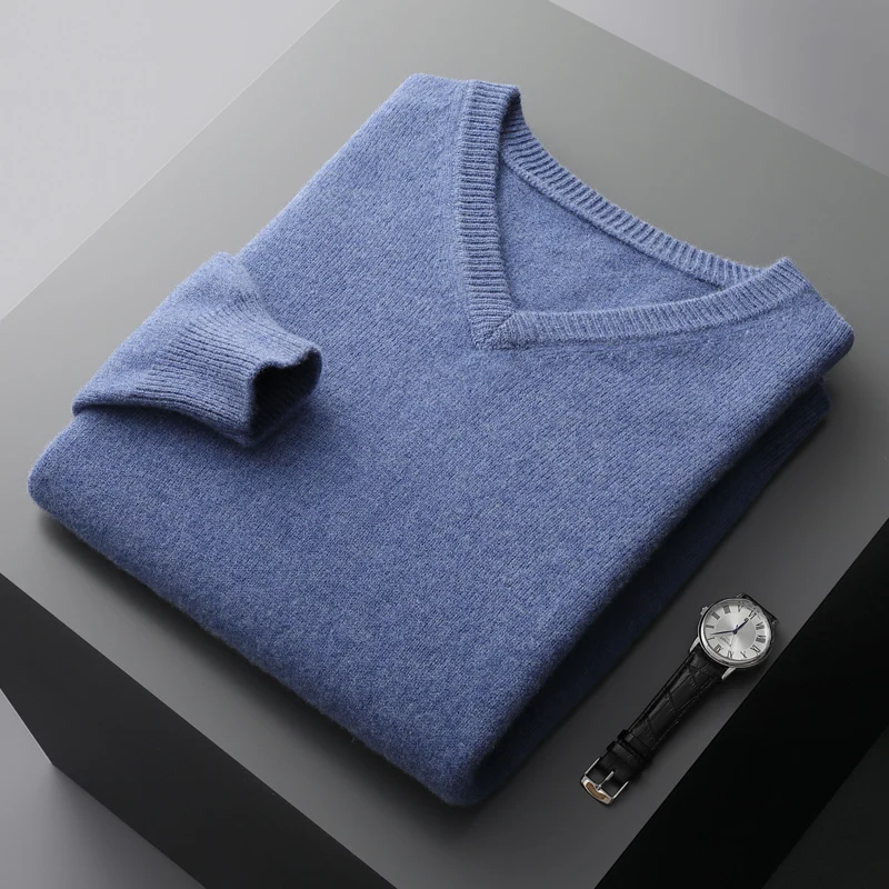 

100% merino wool men's V-neck double thick solid color pullover sweater knitted bottoming shirt in autumn and winter