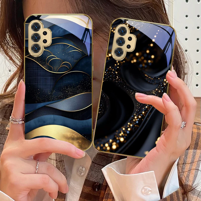 خطوط هندسية عالية الجودة لهاتف سامسونج A 31 32 33 34 35 14 15 13 16 25 26 50 51 52 53 54 55 56 70 71 72 73 حافظة هاتف زجاجية ذهبية