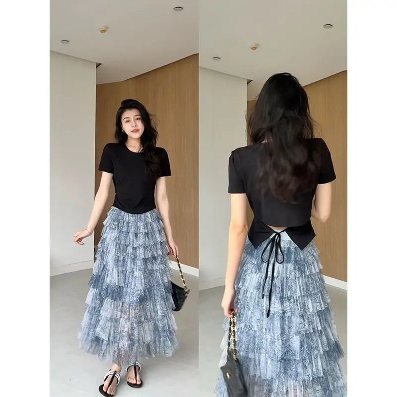 

Весенне-летняя женская длинная юбка в стиле ретро с высокой талией, окрашенная в синий цвет, корейская, для повседневной носки, с эффектом омоложения