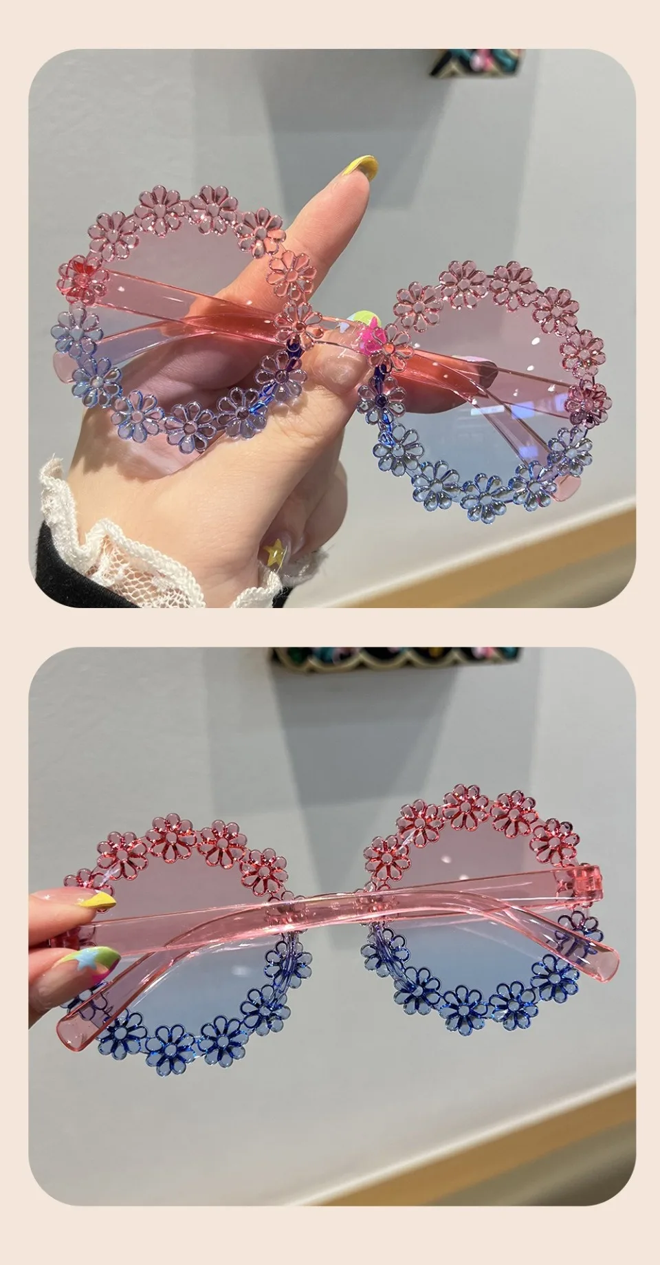 Blumenförmige Sonnenbrille für Mädchen, stilvolle mehrfarbige Dekor-Sonnenbrille für Kinder, trendige neue süße Kinder-Sonnenbrille – Detail 11