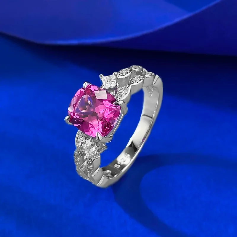 

2025 S925 Silver 7 * 8mm Fat Square Pink Steel Ring Light Luxury Fashion Wedding Jewelry