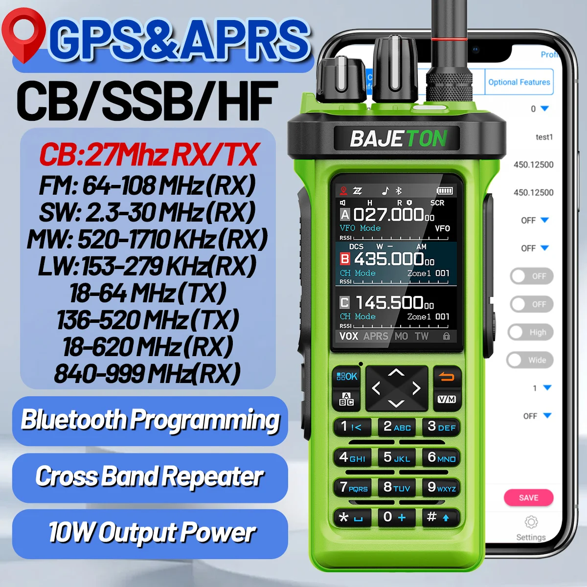 BAJETON BJ-9000 GPS APRS Walkie Talkies 10W CB/SSB/RX/HF CB 27Mhz Bluetooth Programming Long Range For RT-950PRO RT-950 Radio
