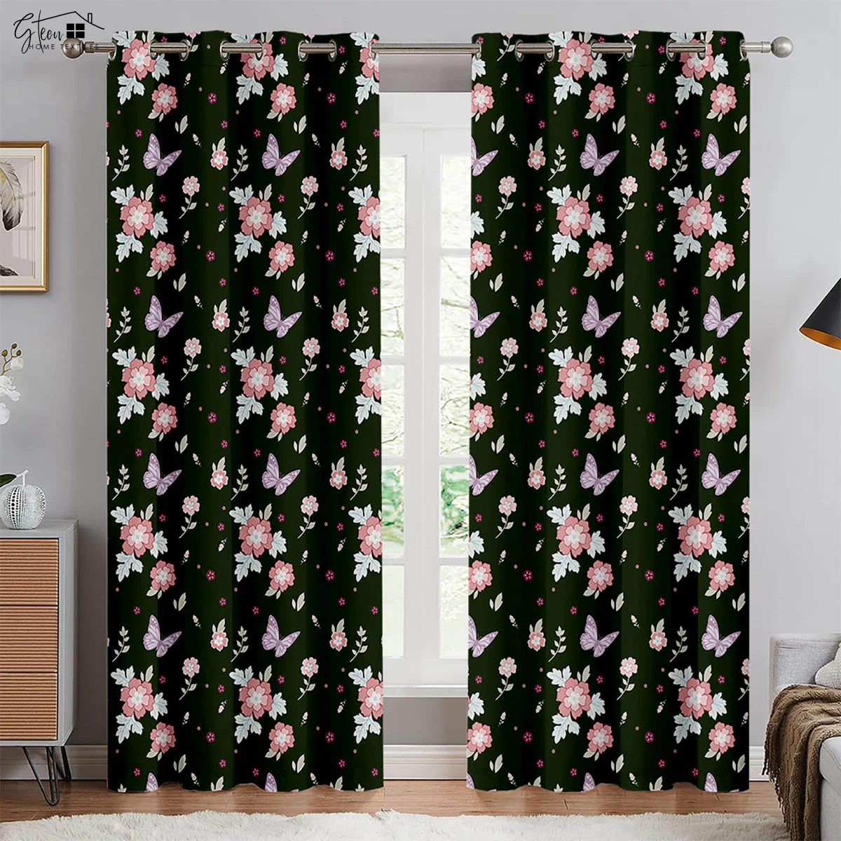 Retro Pastoral Butterfly Flower 3D Printing Curtains Beautiful And Fresh Bedroom Living Room Study Polyester Fiber Curtains 2PCS