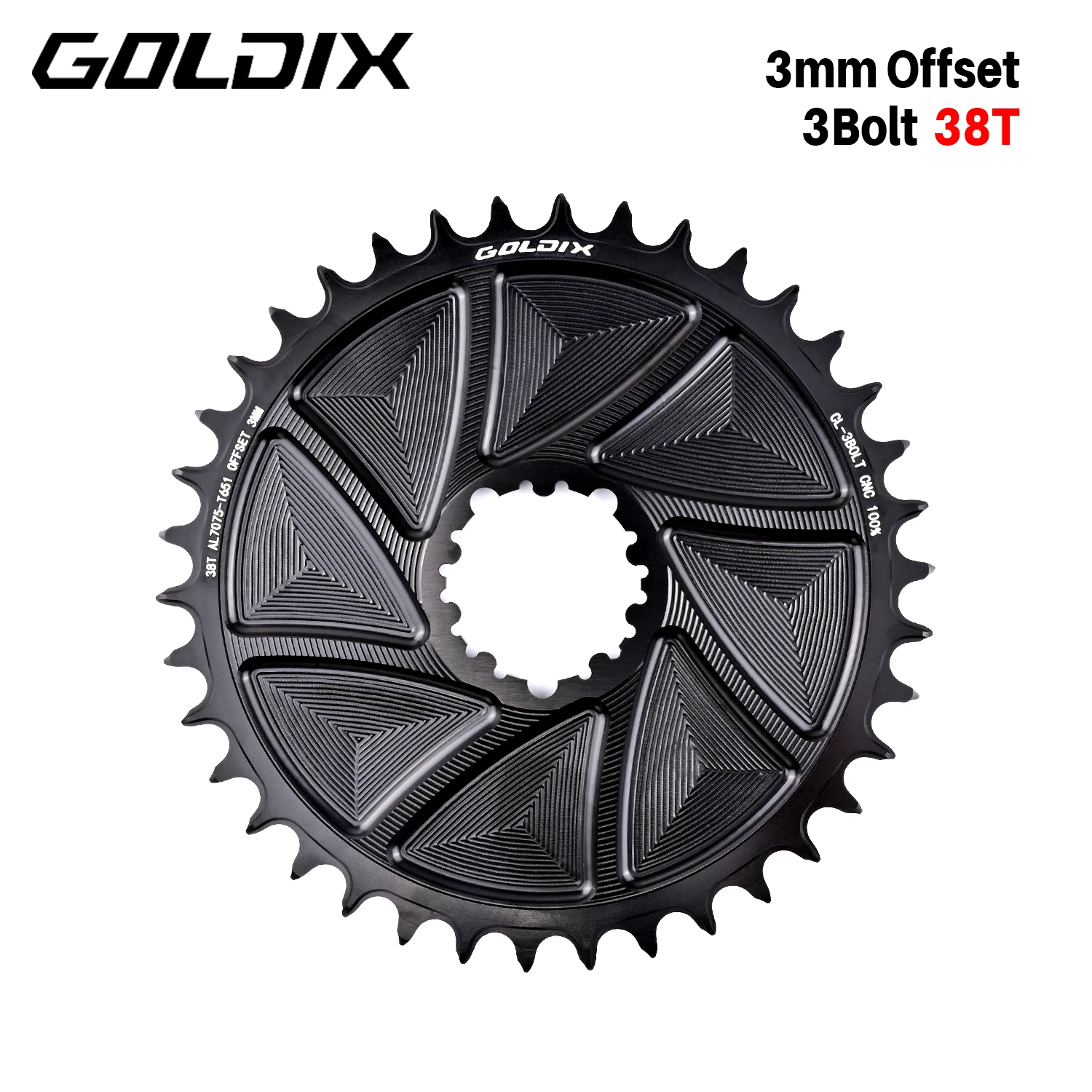 GOLDIX AERO Kettenblatt, 3-Loch, 3 mm Offset, Fahrradkettenblatt mit breiten und schmalen Zähnen, CNC-Hohlschnittbearbeitung für 3-Loch-Kurbelgarnitur