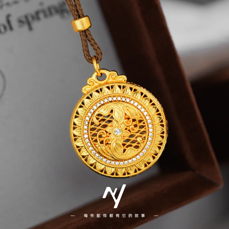 

Light luxury retro 24K real gold diamond sunflower flower pendant DIY filigree au999 gold compass sweater chain