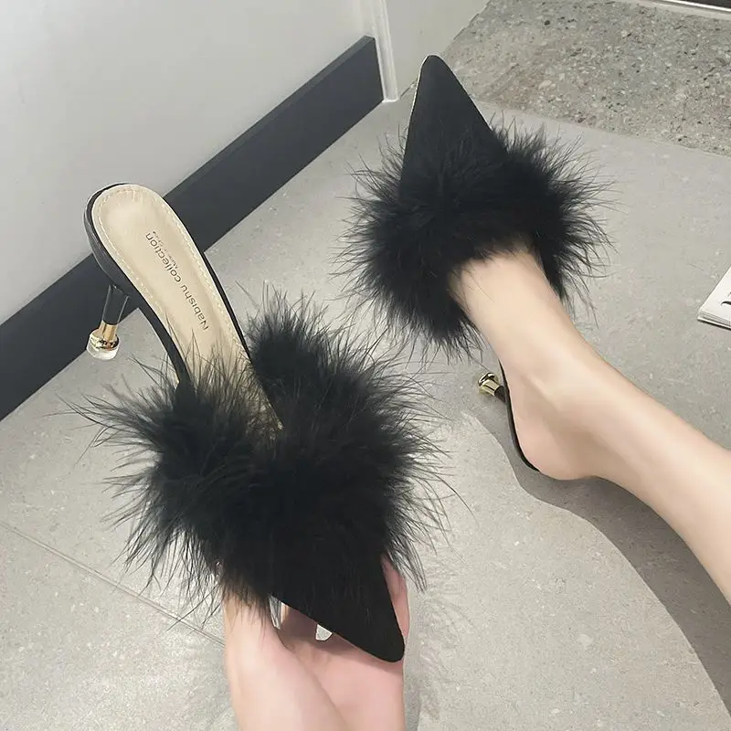 Sandals Rubber Shoes for Women 2024 Heeled Slides Off White Mules Woman Slippers Fluffy Summer Fuzzy Furry Luxury Footwear F Vip