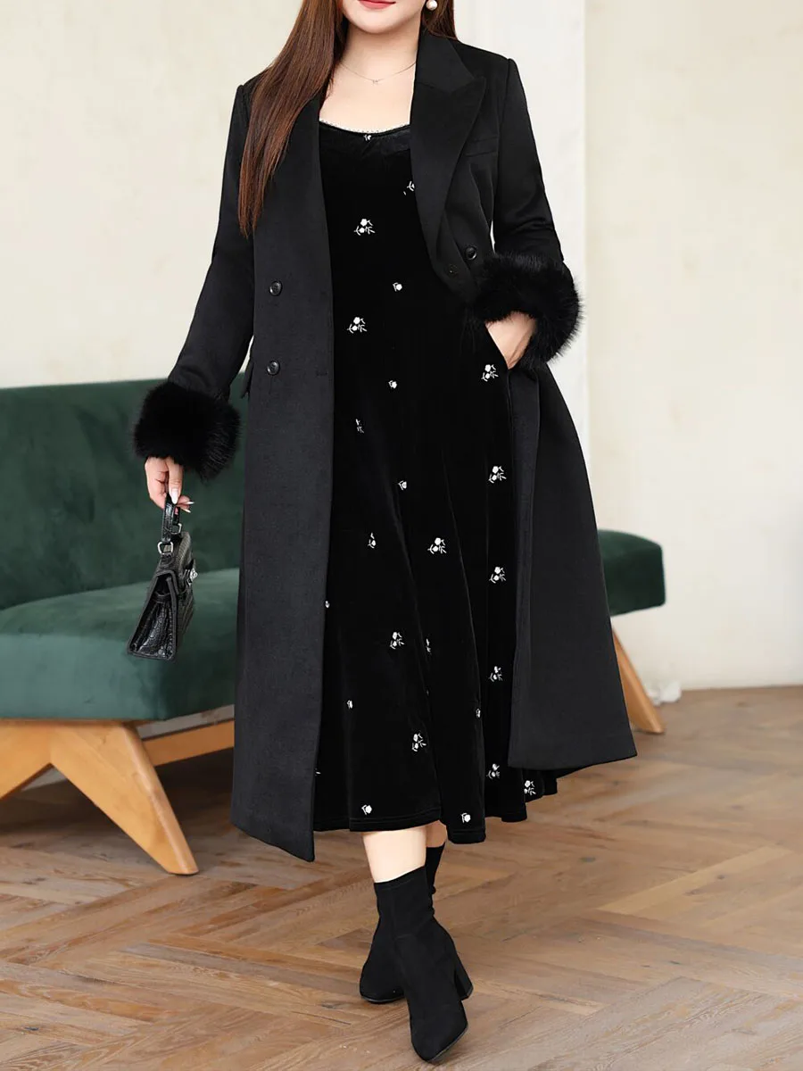 Velour Dress for Women, Exquisite Embroidered Dress, Square Neck, Puff Sleeve, High Quality, Vintage, Plus Size, Autumn/Winter