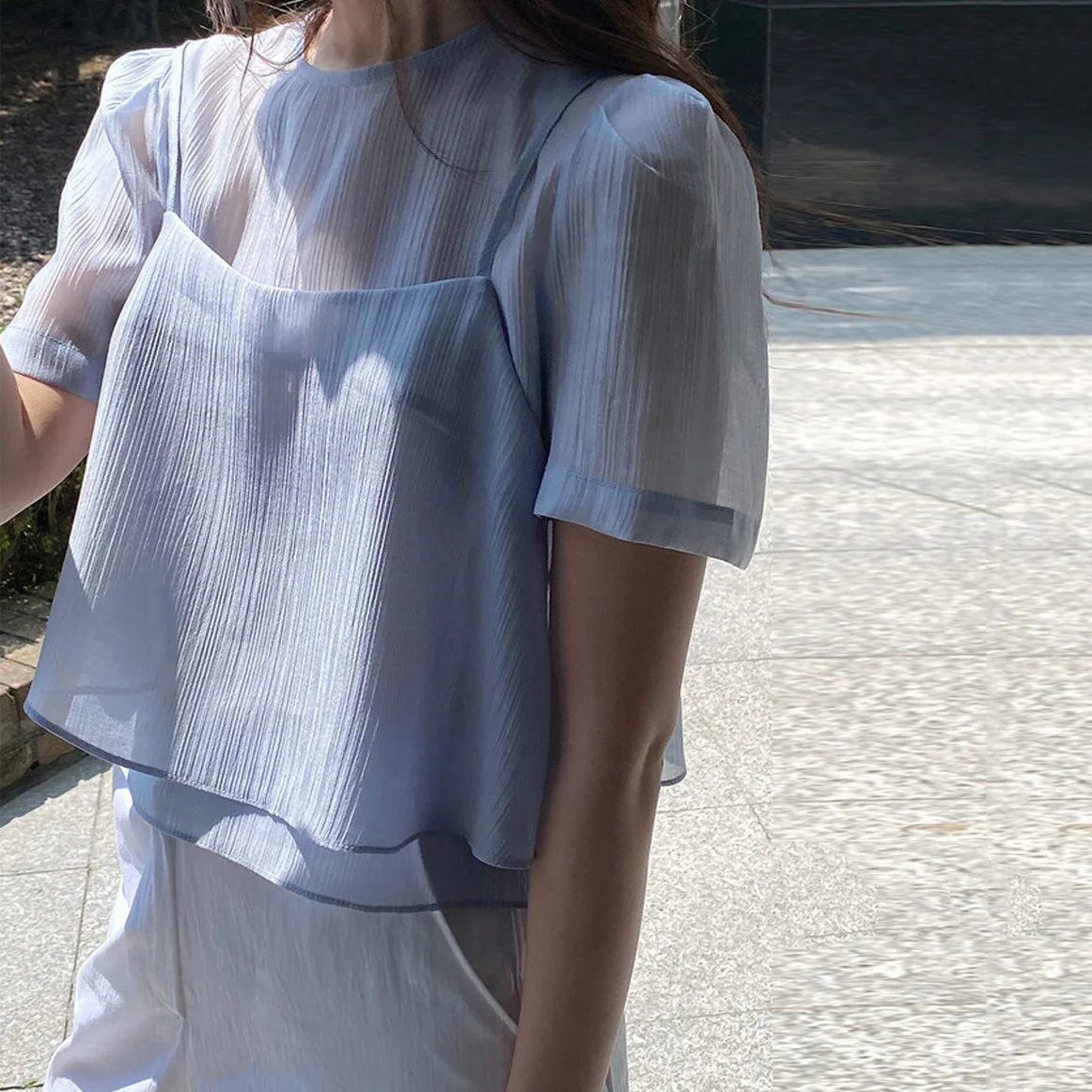 Unique Korean Style See-through Tank Top And Bottoms Set Women's Summer Casual Loose Fit Short Sleeve Lace Shirt