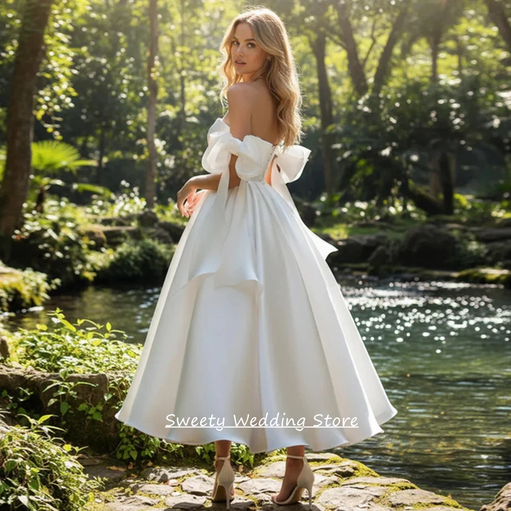 Customized Civil Wedding Dress New Arrival Bow Off Shoulder Strapless A Line Shinny Bridal Gown Woman Bride Dresses