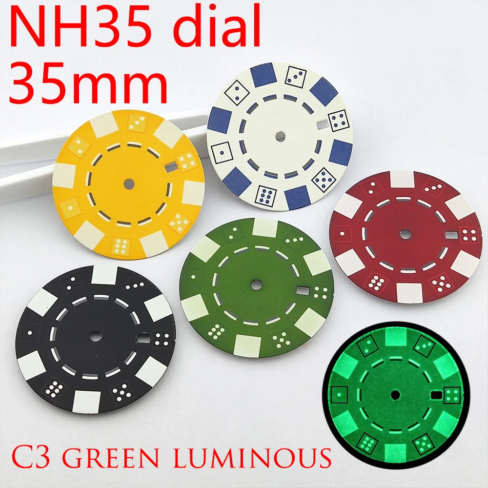 

Циферблат NH35 35 мм, креативный циферблат с чипами кубиков, полностью зеленый светящийся циферблат, подходит для механизма NH34, NH35, модифицированные аксессуары для часов