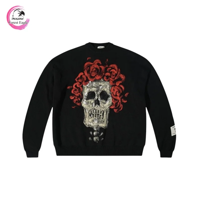 Latest Vintage Mens Womens Loose Casual Best Quality SAINT LOUIS Rose Skull Hand-painted Pullover Crew neck Sweater