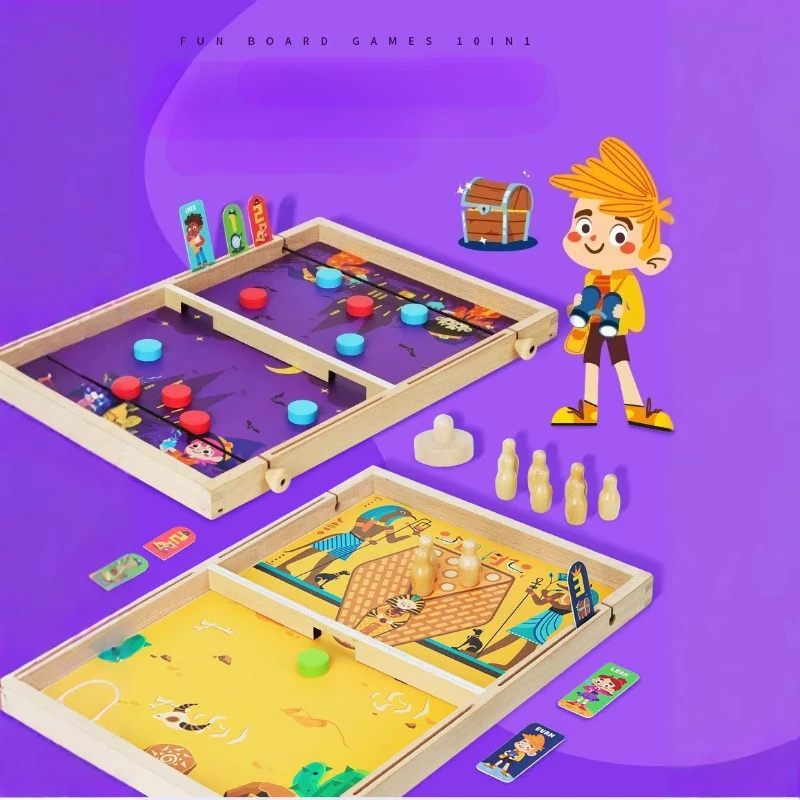 10 in 1 Children Interactive Carrom Board Game Wooden Double Battle Parent Child Desktop Game Wooden Sling Puck for Hockey Game