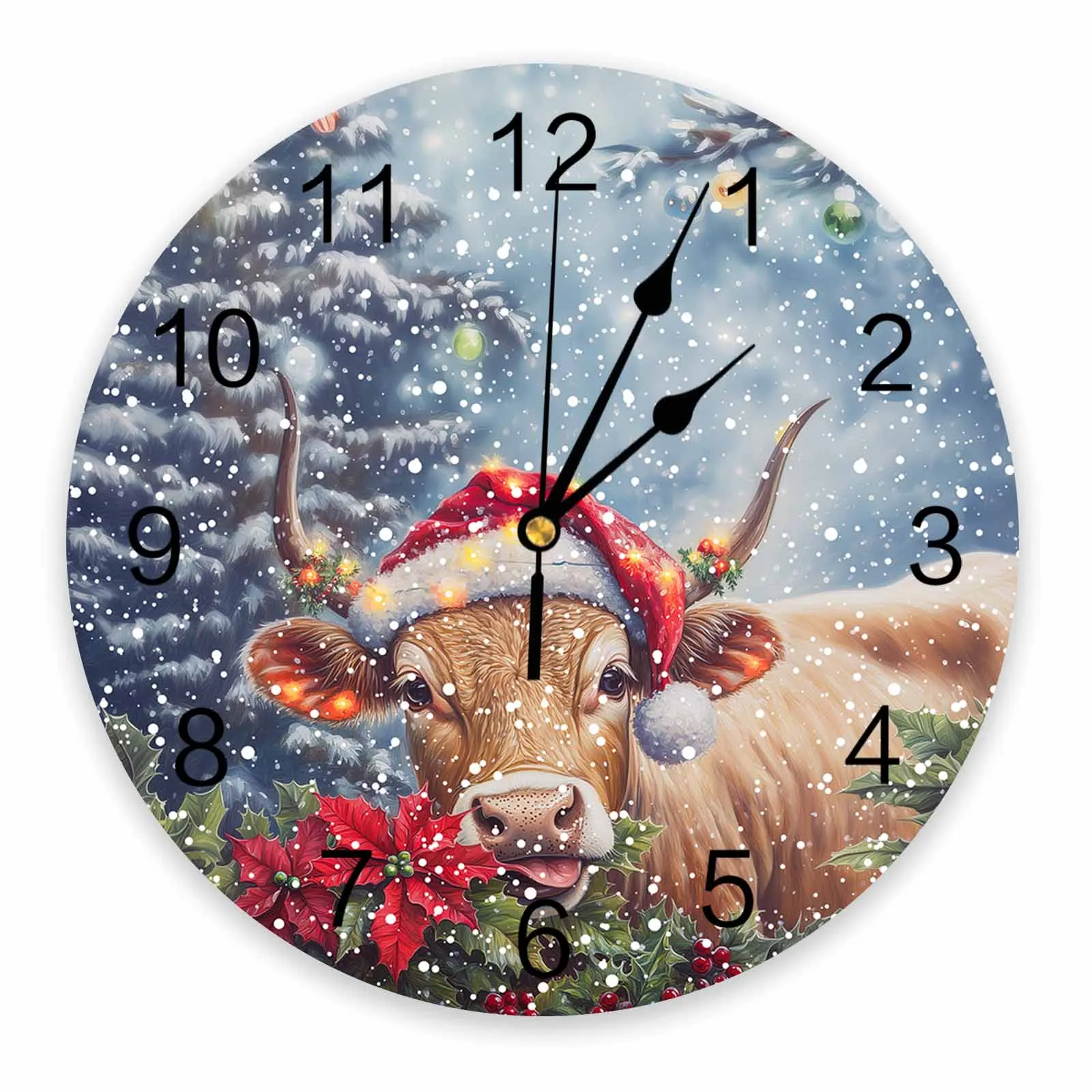 Christmas Watercolor Poinsettia Wall Clock Large Modern Kitchen Dinning Round Wall Clocks Watches Living Room