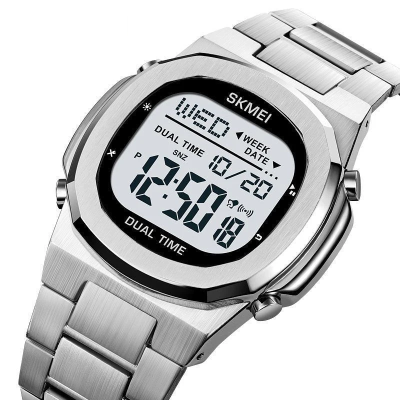 Goldene Digitaluhr mit Edelstahlarmband, Doppelzeit, Wochentags- und Datumsanzeige für den täglichen Business- und Freizeitgebrauch. – Detail 6