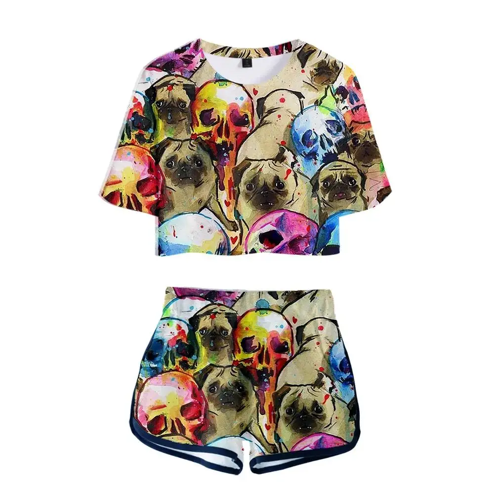 Summer 3D Pug Exposed Navel T-shirt+Shorts Women's Two-piece Sets Fashion Animal Dog Casual Girl's Yellow+White Two-piece Sets