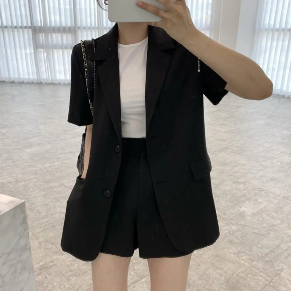 2 Pcs/Set Women Blazer Shorts Set Formal Short Sleeve Korean Office Lady Commute Suit Coat Shorts Business Trip Meeting Clothes