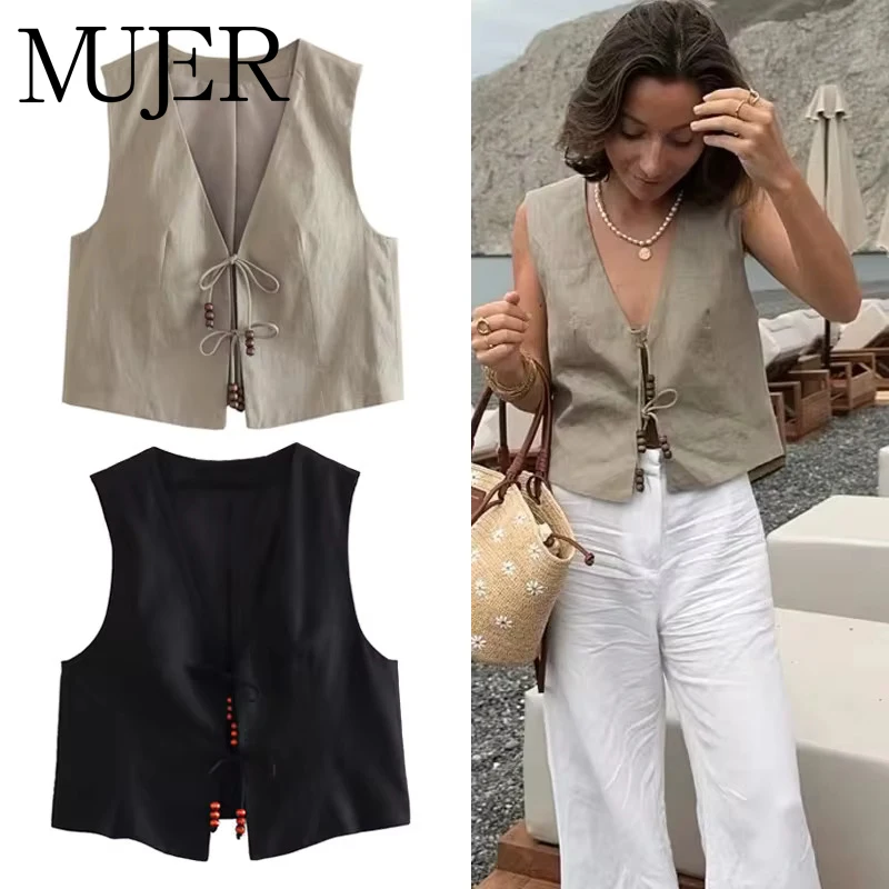 

MUJER Beads Cropped Vests for Women Summer Sleeveless Vest Woman Holiday Waistcoat Vest Top Women Streetwear Women's Jackets