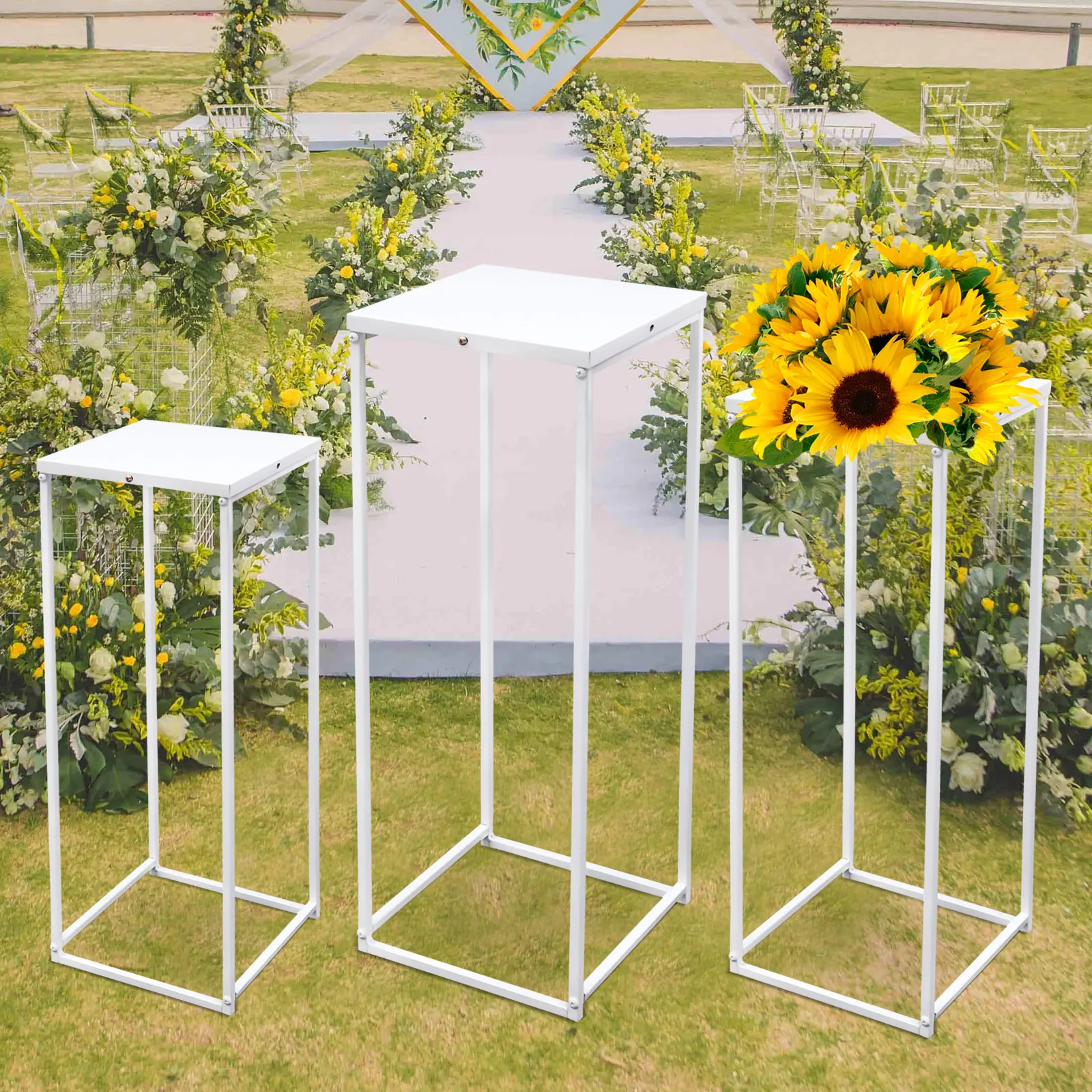 3Pcs Metal Flower Stand Geometric Flower Pot Rack Shelf Square Plant Display Holder for Wedding Party Home Garden Decor White