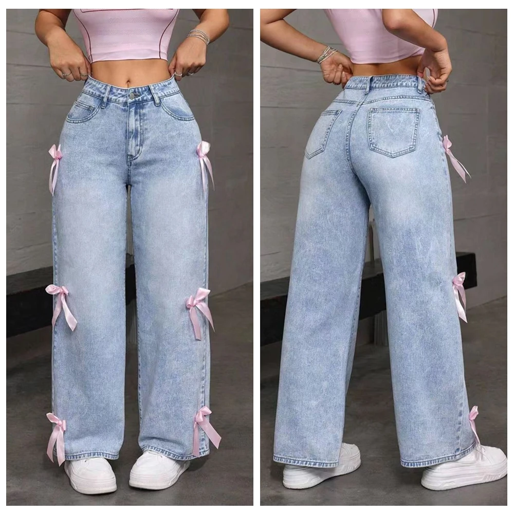 

Джинсы Y2K с винтажным бантом, свободные широкие джинсовые брюки, брюки в уличном стиле в стиле ретро 2000-х годов для женщин, модная повседневная одежда