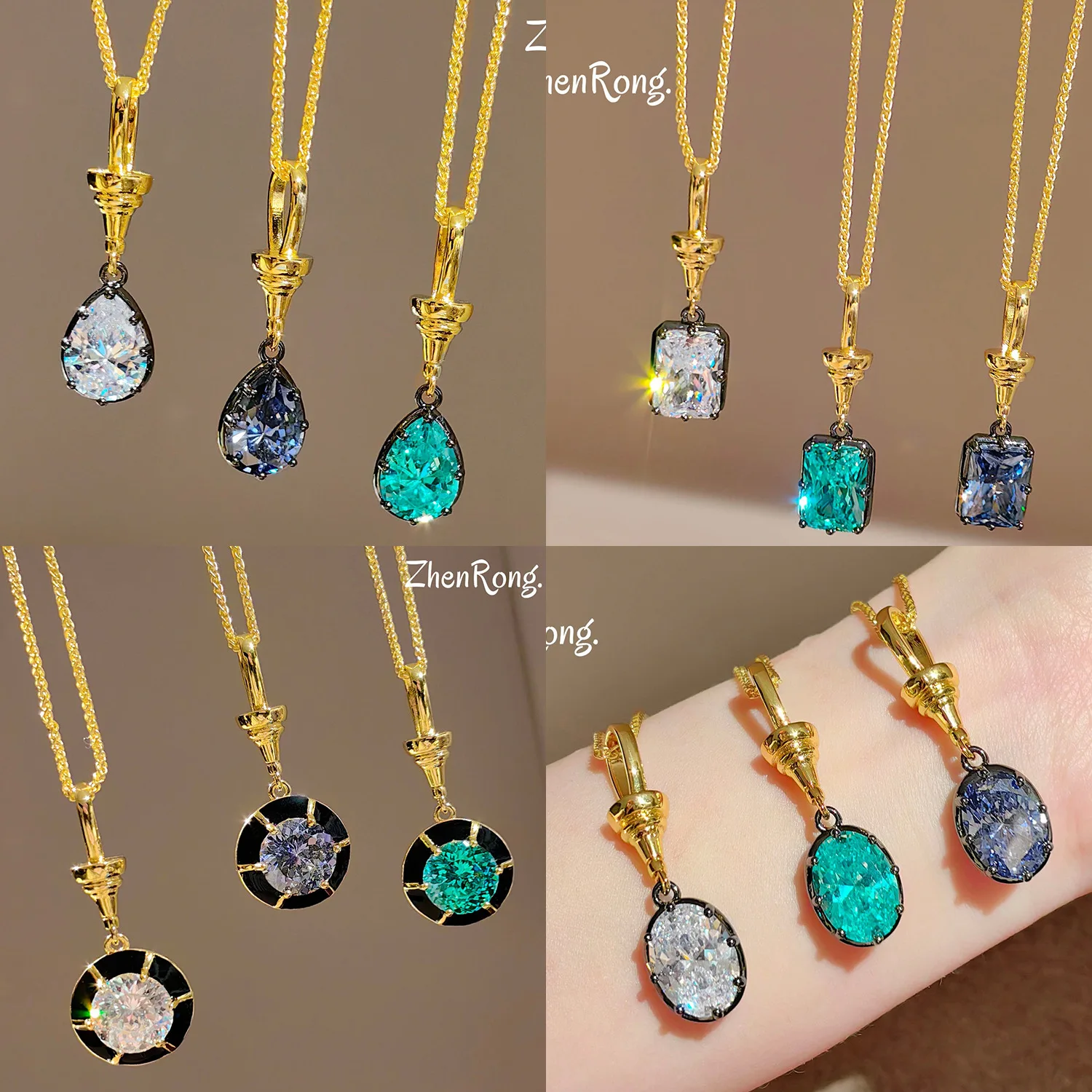 Exquisite Multicolored CZ Clavicle Necklace Gold Plated Retro Pendant Thin Chain Ideal Birthday Anniversary Present for Women