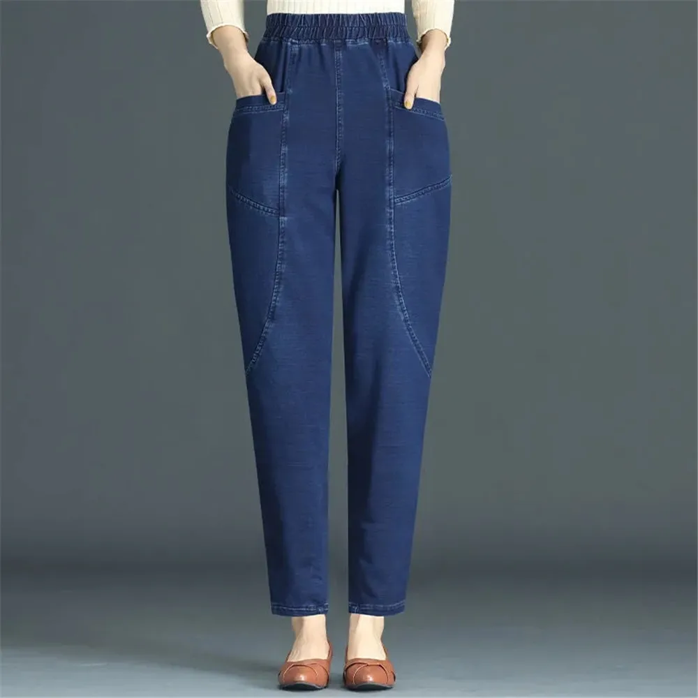 

Vintage High Waist Ankle-length Blue Jeans Harem Elastic Denim Pants Large Size 4xl Woman Jogger Vaqueros Casual Baggy Spodnie